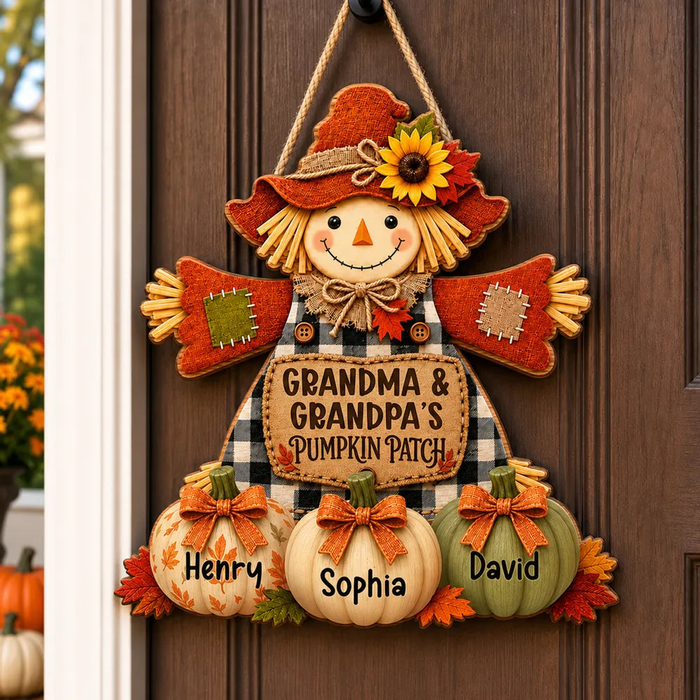 Grandma & Grandpa's Pumpkin Patch Scarecrow - Personalized Wooden Door Sign - Fall Front Porch Decor d3aa7c5e-f3de-45a6-abda-cf19b28f55db-banner-1.webp