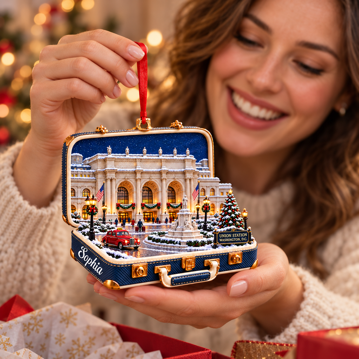 Personalized Washington DC Union Station 3D Suitcase Christmas Ornament – Travel Souvenir & Gift for DC Lovers d3ad3c2f-d8ee-4359-b968-21a3995281f5-Admiring-the-Union-Station-ornament-4.png