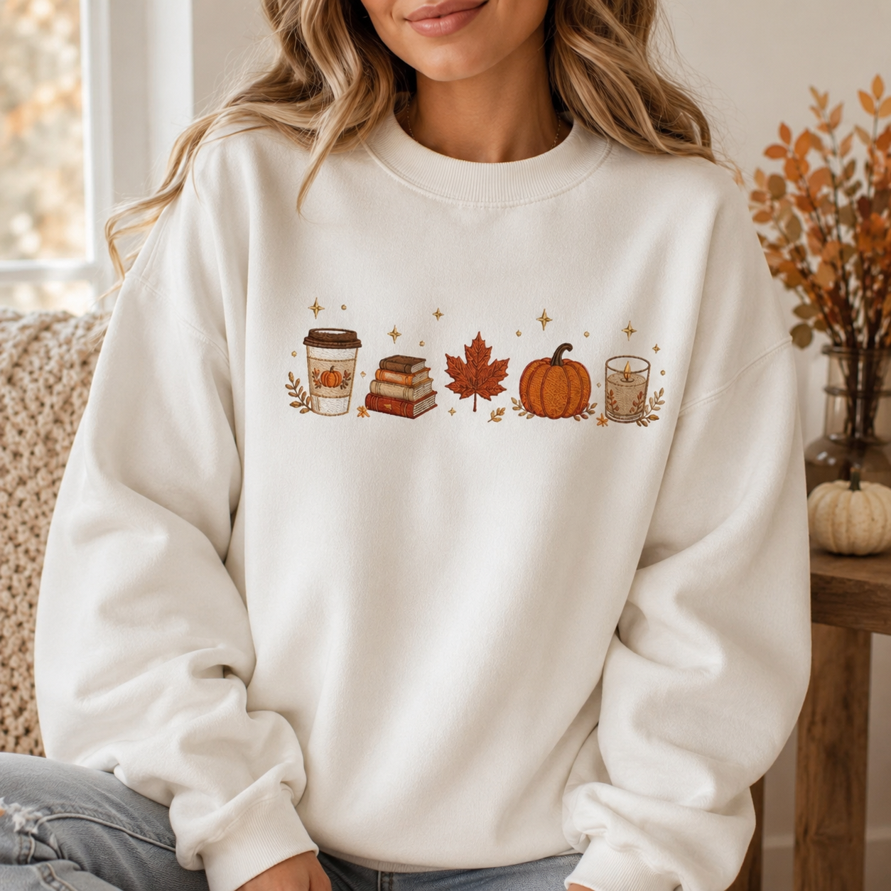 Cozy Fall Embroidered Sweatshirt, Pumpkin Coffee Book Maple Leaf Candle Shirt, Autumn Minimal Sweater, Fall Lover Gift, Thanksgiving Gift d4092a5f-a59f-4ed0-8457-8c1508c2080b-banner-1.png