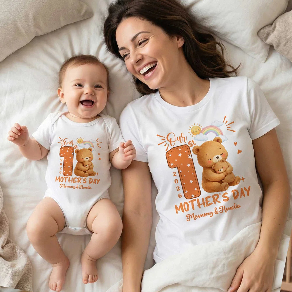 Personalized 1st Mother's Day Animal Mom Baby T-shirt Baby Bodysuit Matching Outfit with Names and Year Mother's Day Gift for Baby Mom