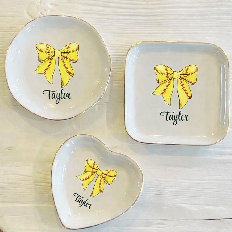 Personalized Softball Bow Ring Trinket Dish | Girls Softball Team Gift | Softball Jewelry Dish | Gift for Her