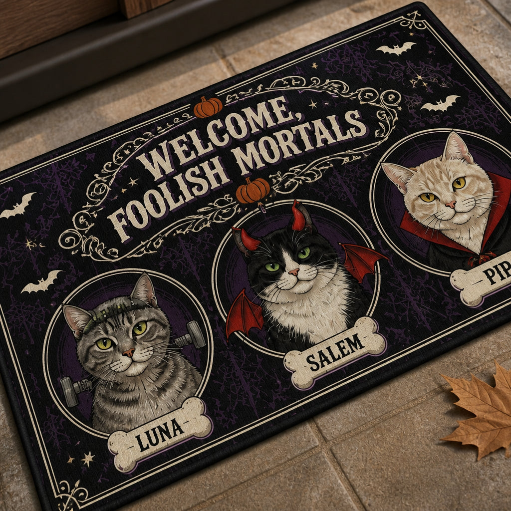 Welcome, Foolish Mortals — Halloween Cats Doormat - Personalized Doormat d56cb916-2e86-4146-9bcd-938265905b99.jpg