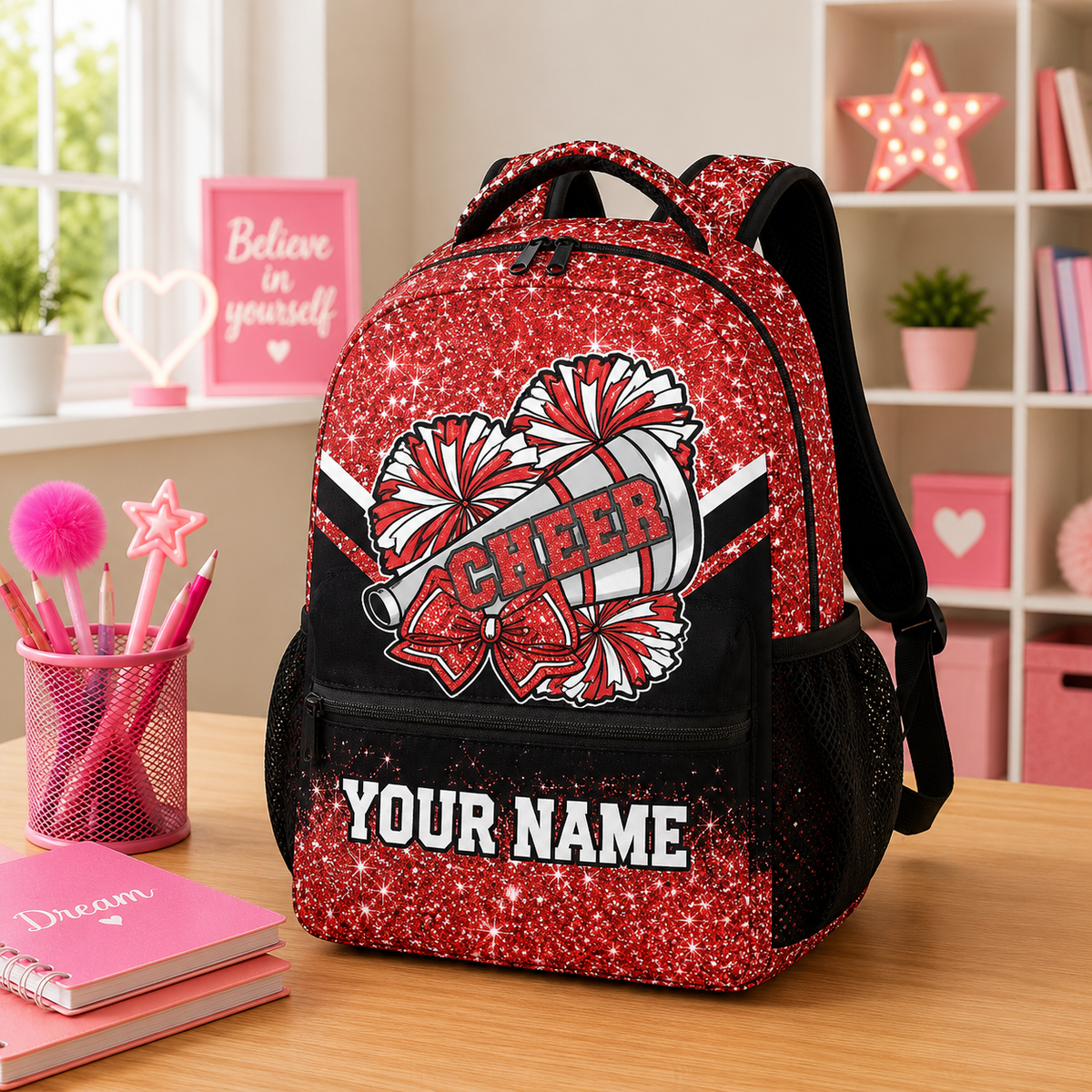 Custom Cheer Backpack, Cheerleader Backpacks Gifts for Girls - Pink Glitter Durable Kids Book Bag for Cheerleading Elementary