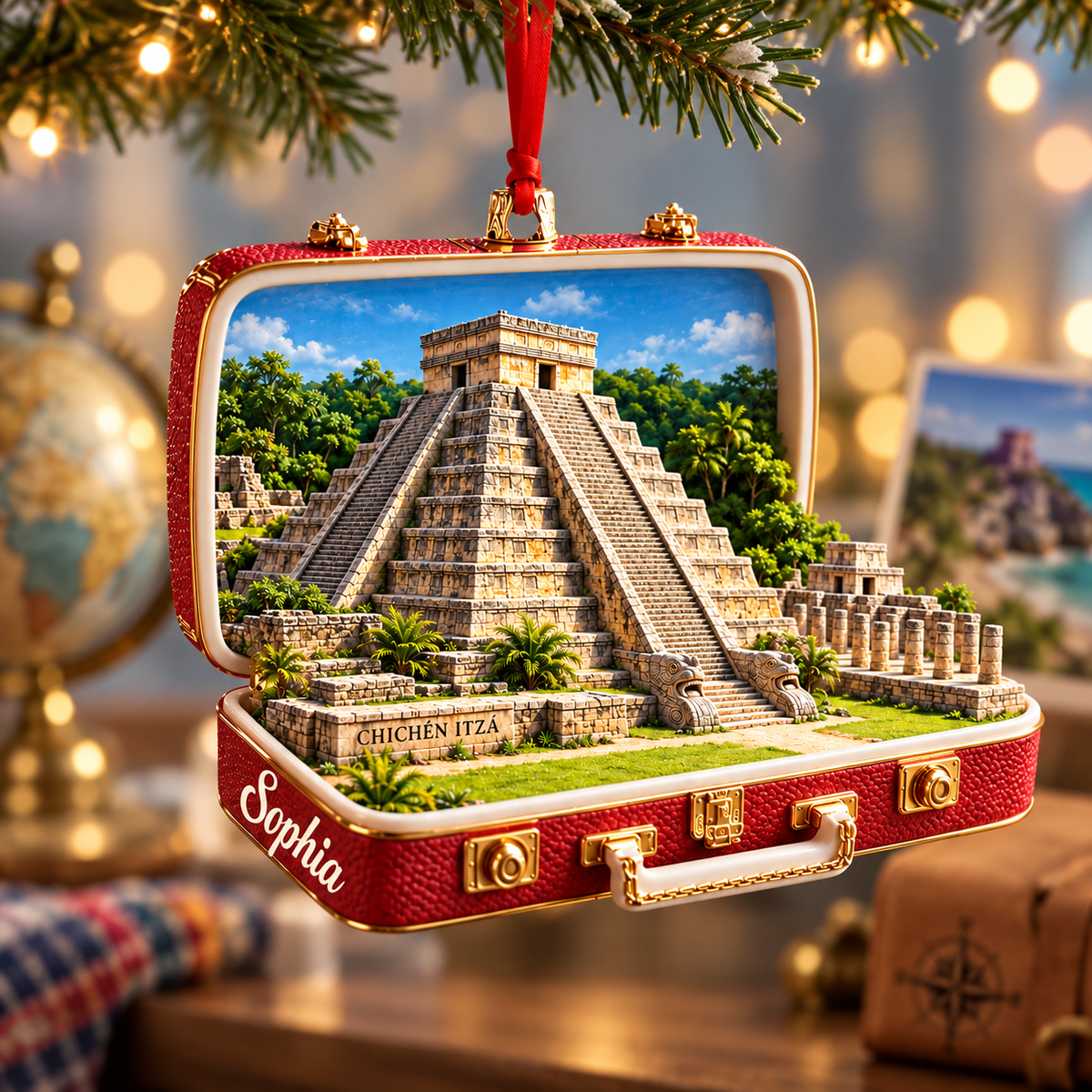 Personalized 3D Chichen Itza Suitcase Christmas Ornament – Yucatan Mexico Travel Souvenir & Gift for Mexico Lovers d5a41fc0-7387-4668-b088-77fdd4e7e39e-Chich-n-Itz-suitcase-Christmas-ornament-1.png