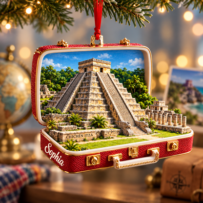 Personalized 3D Chichen Itza Suitcase Christmas Ornament – Yucatan Mexico Travel Souvenir & Gift for Mexico Lovers d5a41fc0-7387-4668-b088-77fdd4e7e39e-Chich-n-Itz-suitcase-Christmas-ornament-1.png