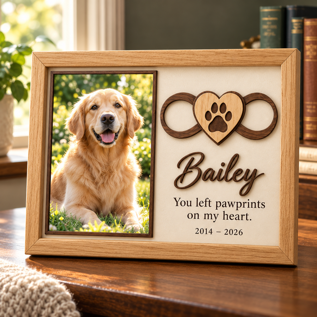 Personalized Dog Memorial Photo Frame, Custom Wooden Pet Picture Frame, Pawprints on My Heart Keepsake, Pet Loss Sympathy Gift d5f2500c-8737-4aa0-b593-9e0287c701db-Bailey-s-oak-pet-memorial-frame-3.png