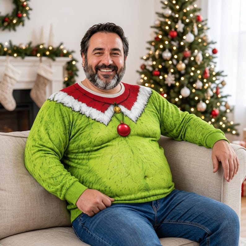 Funny Green Fur Ugly Christmas Sweatshirt, Fake Abs Santa Clause Ugly Sweatshirt, Green Christmas Cosplay Outfit, Christmas Party Costume, Funny Gìt d5f6c68f-ab9c-4494-b72e-44a4bee04d94-p9.jpg