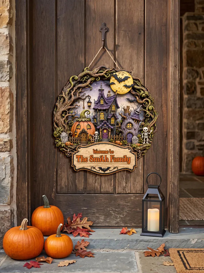 Personalized Halloween Haunted House Door Sign, Custom Family Name Halloween Sign, Spooky Decor, Pumpkin Ghost Welcome Sign, Halloween Gift d605a8b9-fded-41e1-945a-af38eafe78f3-sdgf-3-.webp