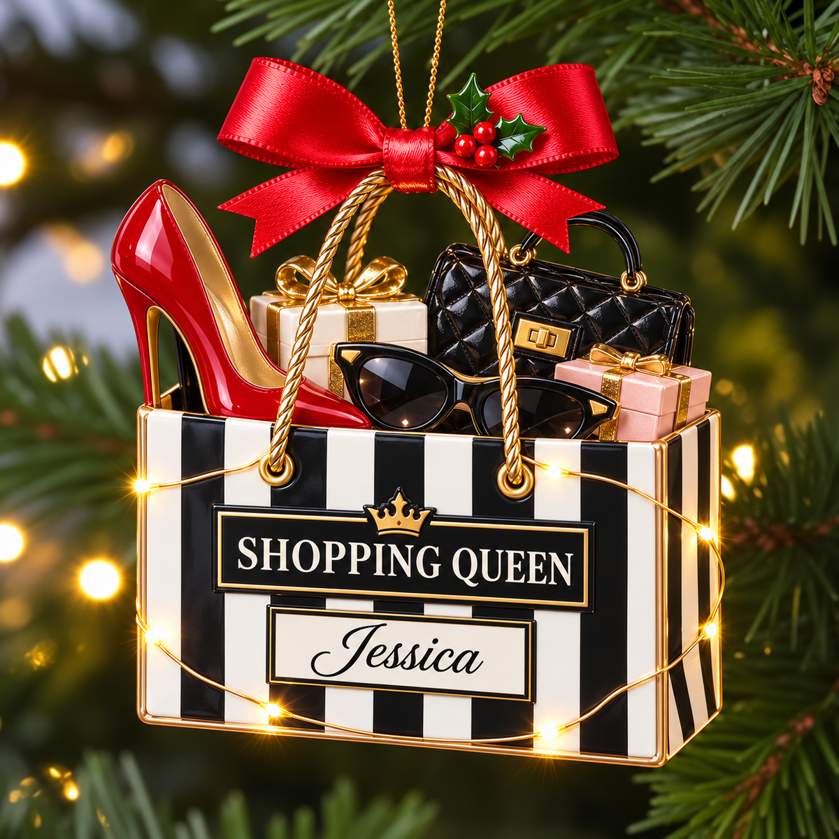 Personalized Shopping Queen Christmas Ornament – Custom Name Shopping Bag with High Heel and Handbag, Gift for Fashion Lovers and Shopaholics d677c0f5-e7a7-4e95-a877-4464d388e2ea-Jessica-s-Shopping-Queen-Christmas-Ornament.png