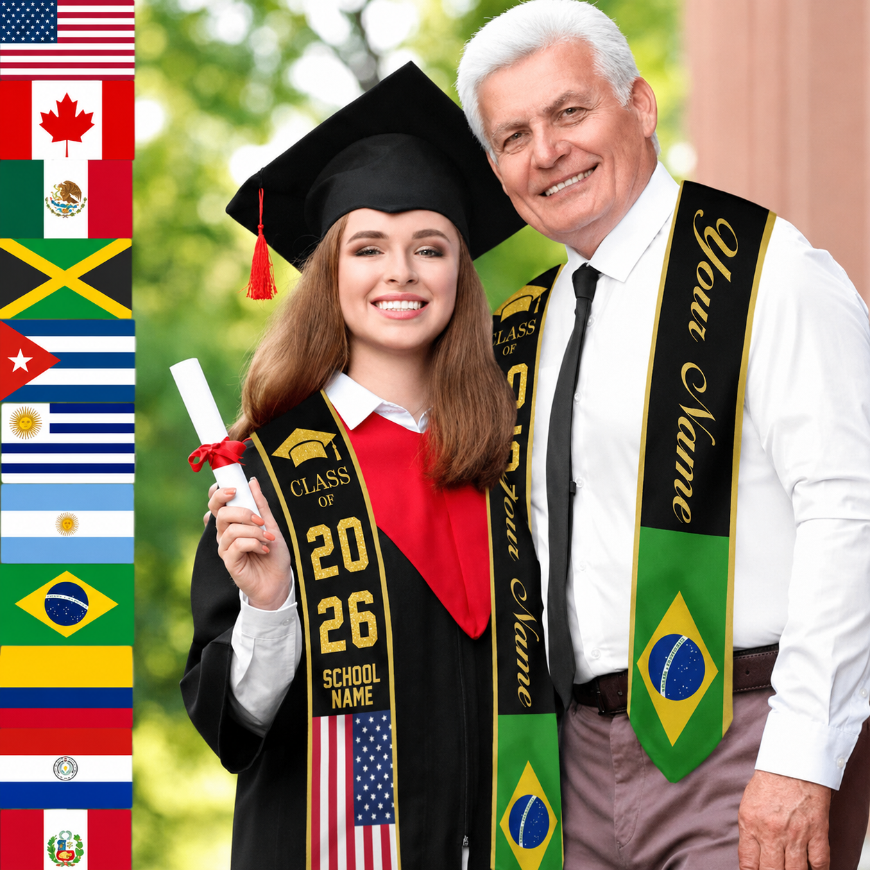 Custom Country Flag Graduation Sash, Personalized Class of 2026 Stole