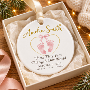 Personalized Baby Footprint Christmas Ornament, Custom Name & Birth Stats Keepsake, These Tiny Feet Changed Our World, New Parents Gift d684658e-0143-4a2b-8bbf-09d78506a468-Amelia-s-Blush-Newborn-Keepsake-Ornament-4.png