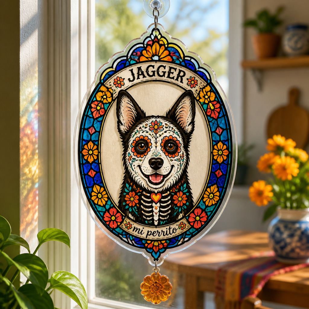 Custom Sugar-Skull Pet Portrait Fridge Magnet - Personalized 1 Layered Suncatcher with Charm d68c69b2-cee9-4198-aca4-3c97efaab15d.png