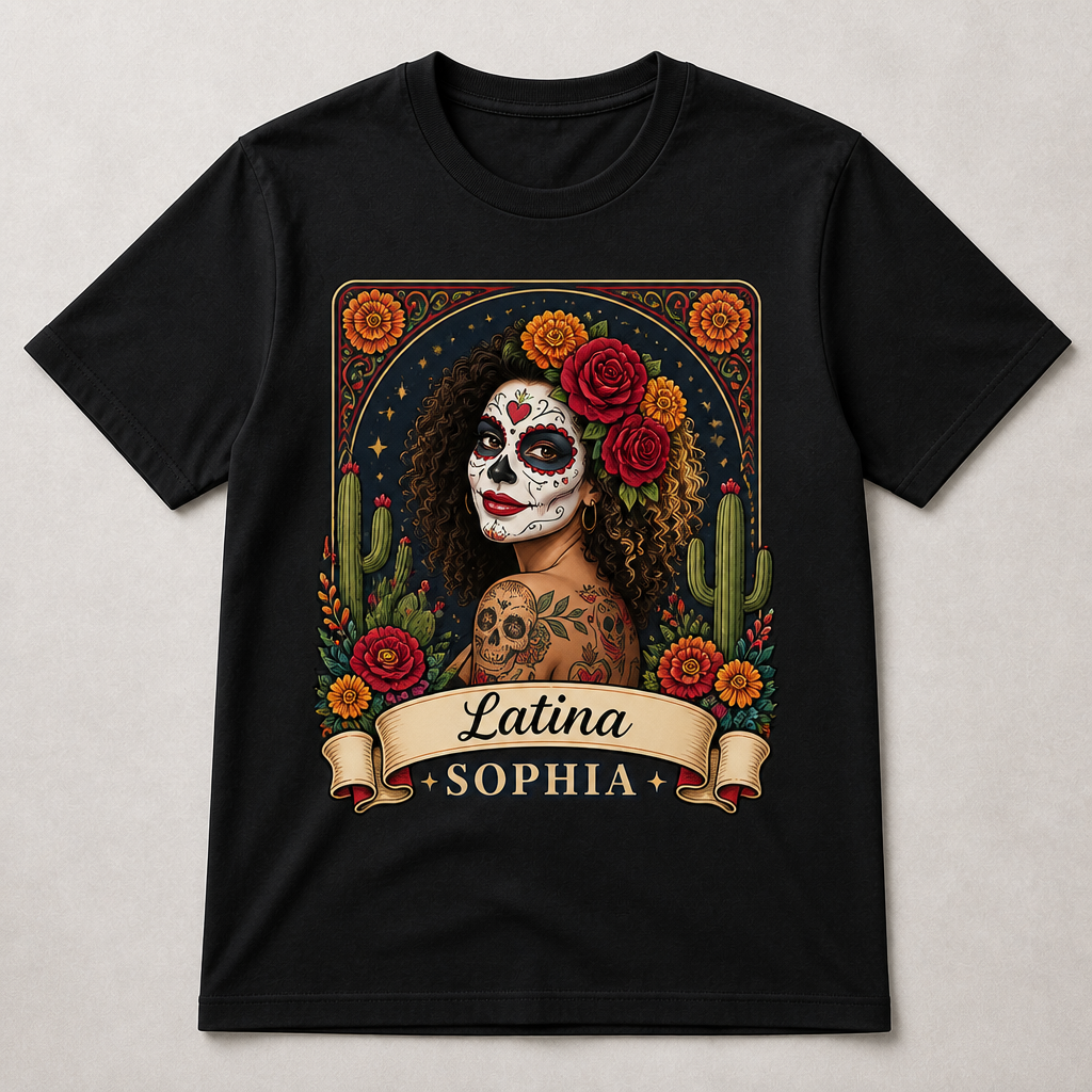 Custom Día de los Muertos Portrait T‑Shirt with Name Banner - Personalized T-shirt d6d456e8-9f04-4197-bb4b-b5dbcb407a83.png