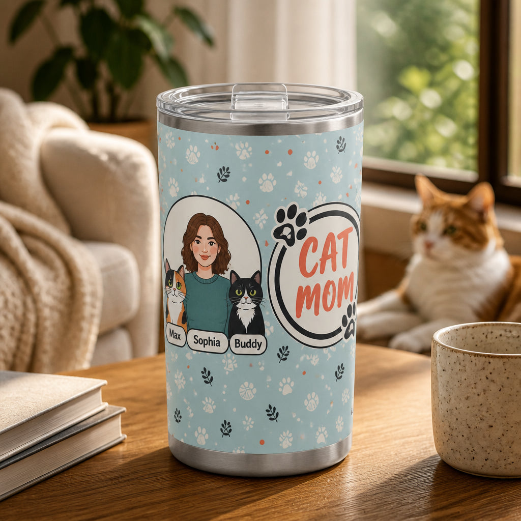 Cat Mom Portrait & Paws Tumbler – Custom Photo-to-Illustration - Personalized Tumbler d709686d-4d41-4754-a363-23397cd251d4.jpg