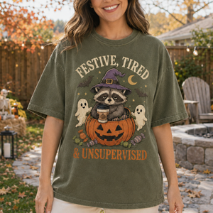 Festive Tired and Unsupervised Shirt, Funny Halloween Raccoon Graphic Tee, Spooky Season Coffee Lover T-Shirt, Vintage Halloween Witch Raccoon Top d7623419-4c88-422b-86a8-d92850956bd2-2.png