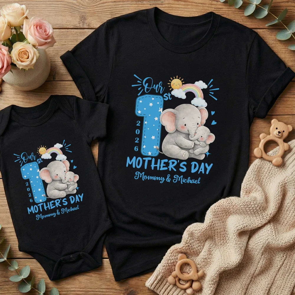 Personalized 1st Mother's Day Animal Mom Baby T-shirt Baby Bodysuit Matching Outfit with Names and Year Mother's Day Gift for Baby Mom