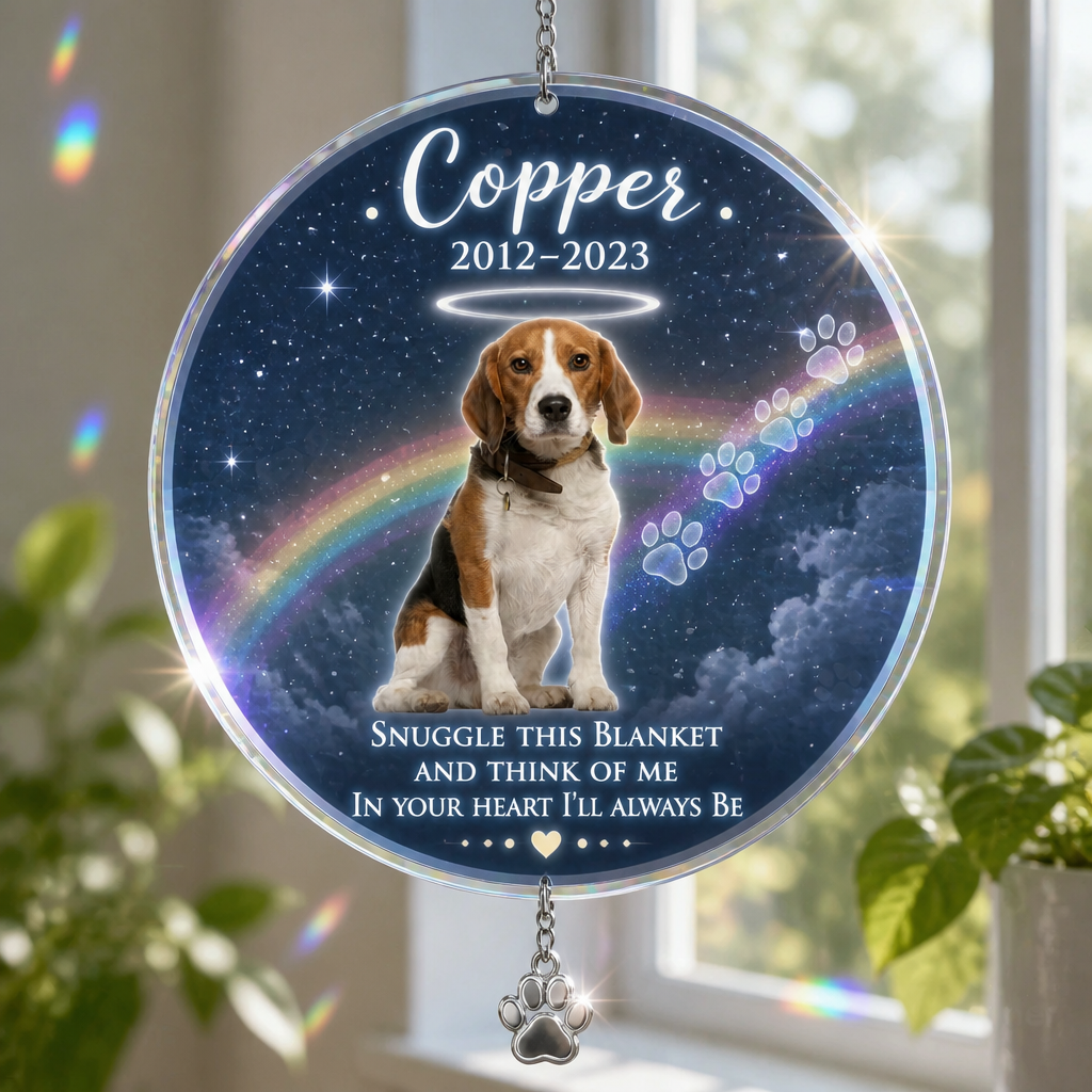 Pet Memorial Photo Blanket — Snuggle This Blanket - Personalized 1 Layered Suncatcher with Charm d845eb31-bf92-42d7-8dea-744d25252a7d.png