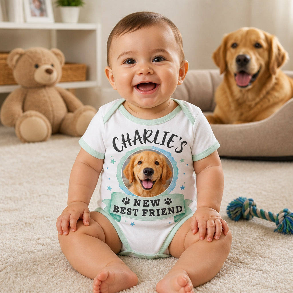 Pet Photo Baby Onesie - [Name]'s New Best Friend - Personalized Baby Onesie With Color d8712a67-c1dd-4a90-b7d5-b4c33549fa21.jpg