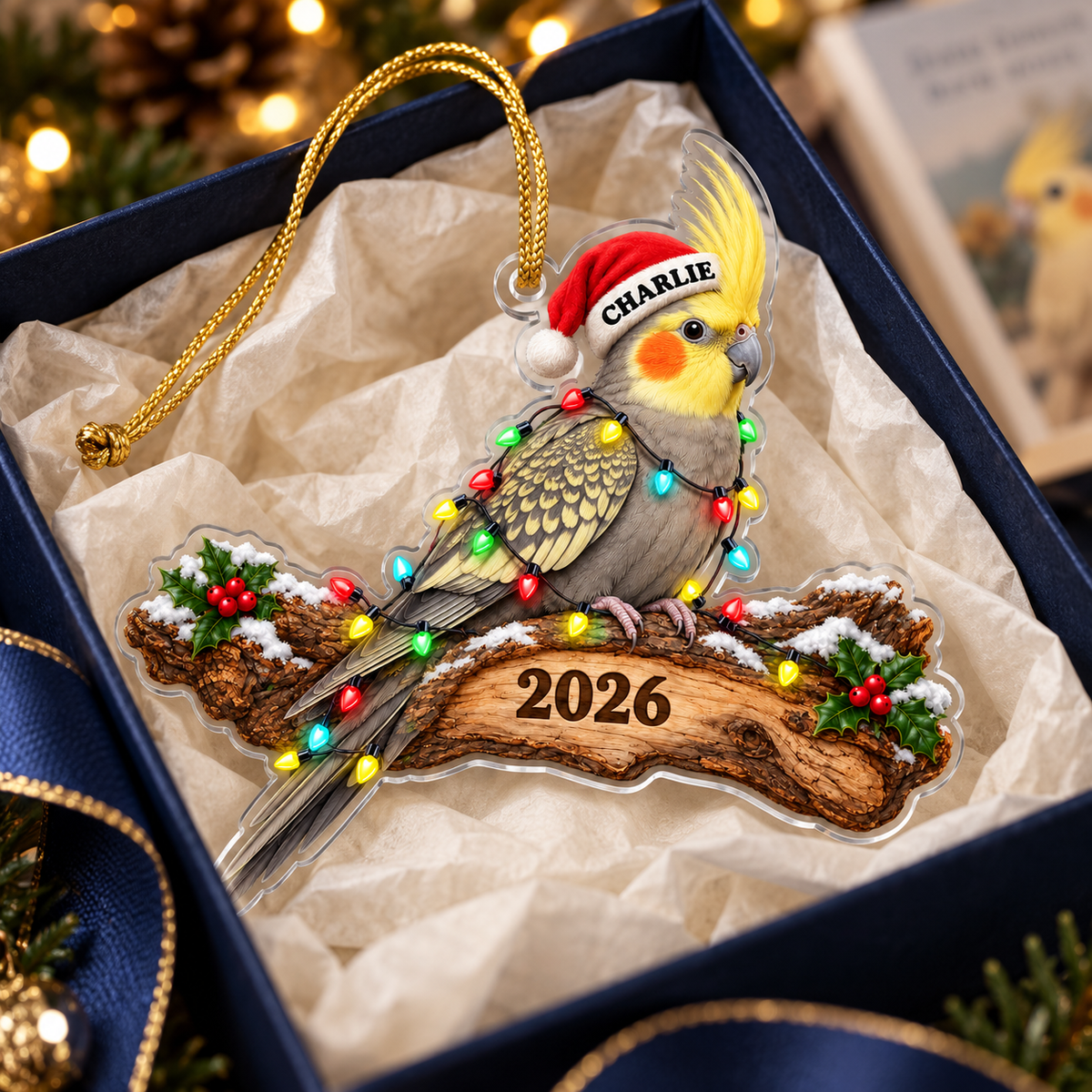 Personalized Cockatiel Christmas Ornament – Custom Name & Year, Santa Hat Pet Bird Keepsake, Christmas Gift for Bird Lovers d873a007-c6e7-4a0d-b470-770fc9cd97a5-Pearl-Cockatiel-Christmas-Ornament-in-Gift-Box-4.png