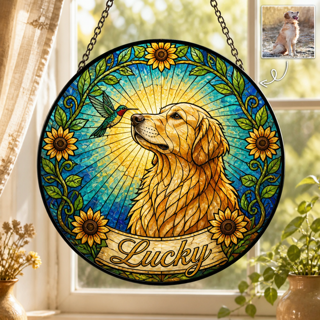 Custom Stained‑Glass Pet Portrait Suncatcher (Photo + Name) - Personalized Suncatcher Stained Glass d87d4941-7cd1-48cc-a528-c6c60cdf805a.png