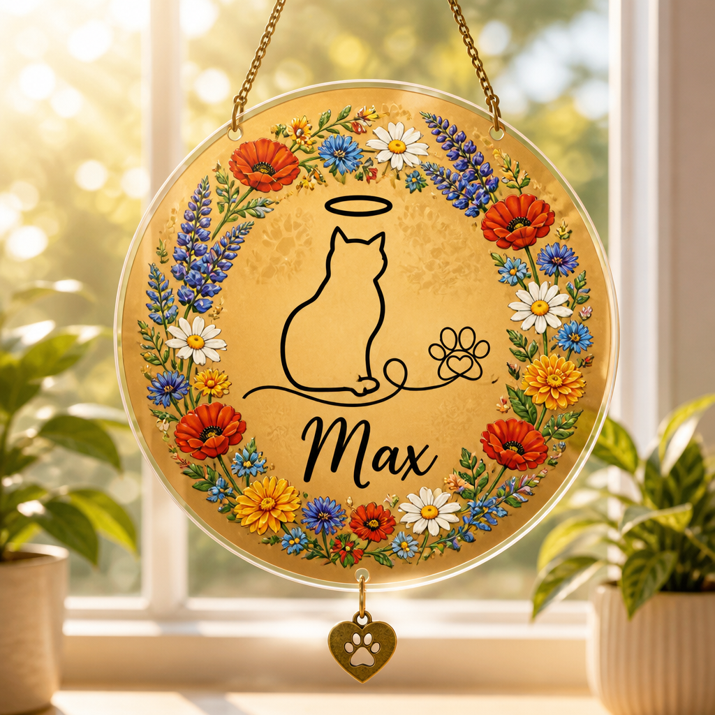 Angel Cat Memorial Floral Doormat (Personalized Name) - Personalized 1 Layered Suncatcher with Charm d882687c-9c60-47b1-946d-221bb93e47a6.png