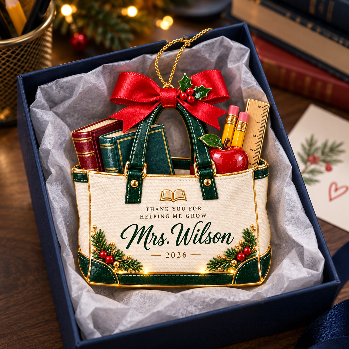 Personalized Teacher Christmas Ornament 2026 – Custom Name Tote Bag with Books, Pencils and Apple, Teacher Appreciation Keepsake Gift d8d3f804-ff69-4035-95b3-15eaeccc0760-Teacher-appreciation-ornament-in-navy-gift-box.png