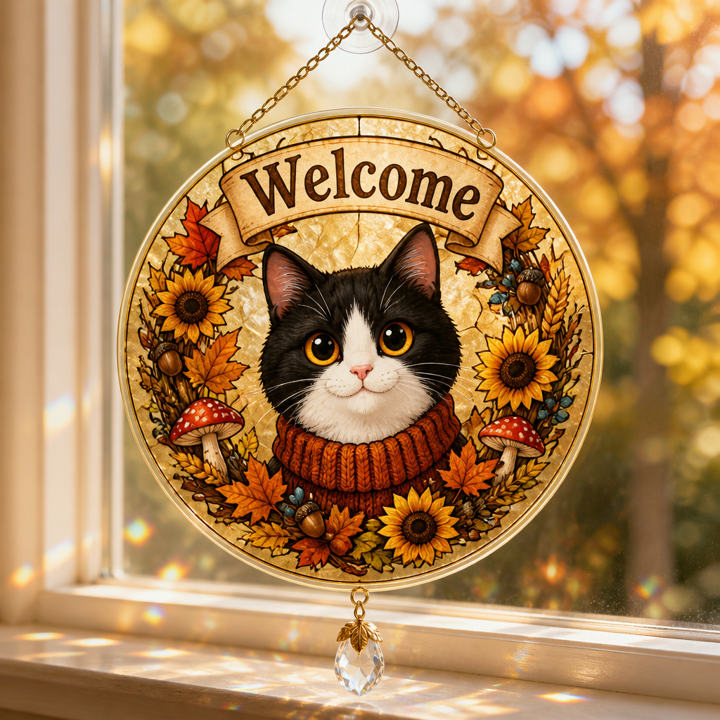 Autumn Tuxedo Cat Welcome Garden Flag - 1 Layered Suncatcher with Charm d8e17d6c-249b-43c4-92d6-a508a58e8b6b.png