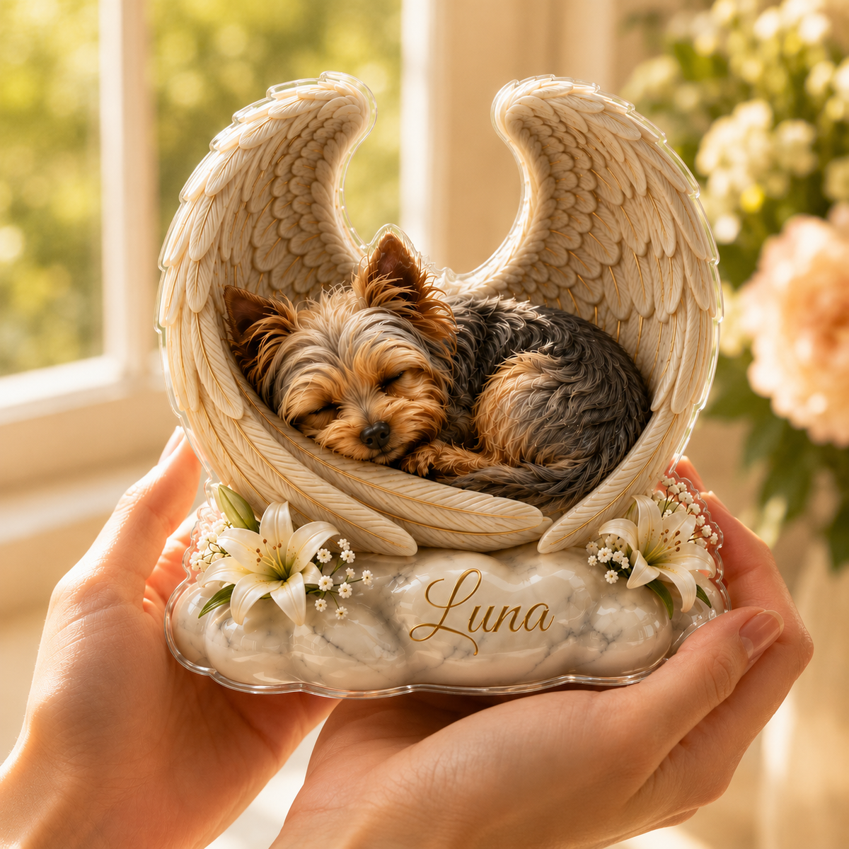 Custom Yorkie Dog Memorial Acrylic Block : Angel Wings Statue Personalized Pet Memorial Gift