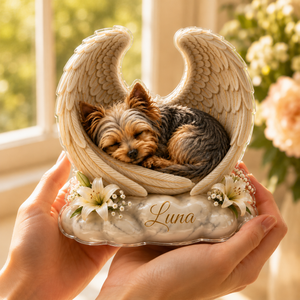 Custom Yorkie Dog Memorial Acrylic Block : Angel Wings Statue Personalized Pet Memorial Gift