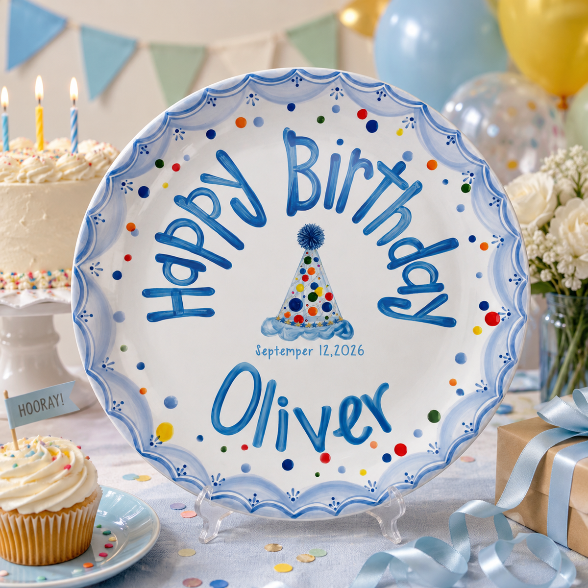 Personalized Boys Birthday Plate, Custom Name Ceramic Plate, Party Hat Colorful Dots, Kids Keepsake Gift, Birthday Party Decor d97e02ce-66e5-42c3-b31c-5fe013bd7653-banner-1.png