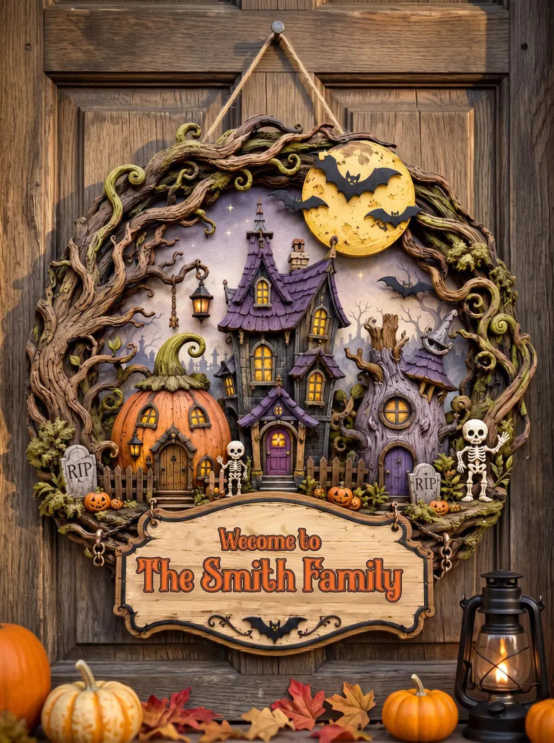 Personalized Halloween Haunted House Door Sign, Custom Family Name Halloween Sign, Spooky Decor, Pumpkin Ghost Welcome Sign, Halloween Gift d9860fd8-c867-44ea-aa94-2db81fe6c4a9-sdgf-2-.webp