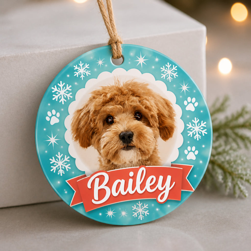 Custom Pet Photo + Name Round Ornament – Teal Snowflake Ribbon - Personalized Aluminum Ornament d9b3ac72-fbf8-4ef4-a8b8-7f2250f5d68b.jpg