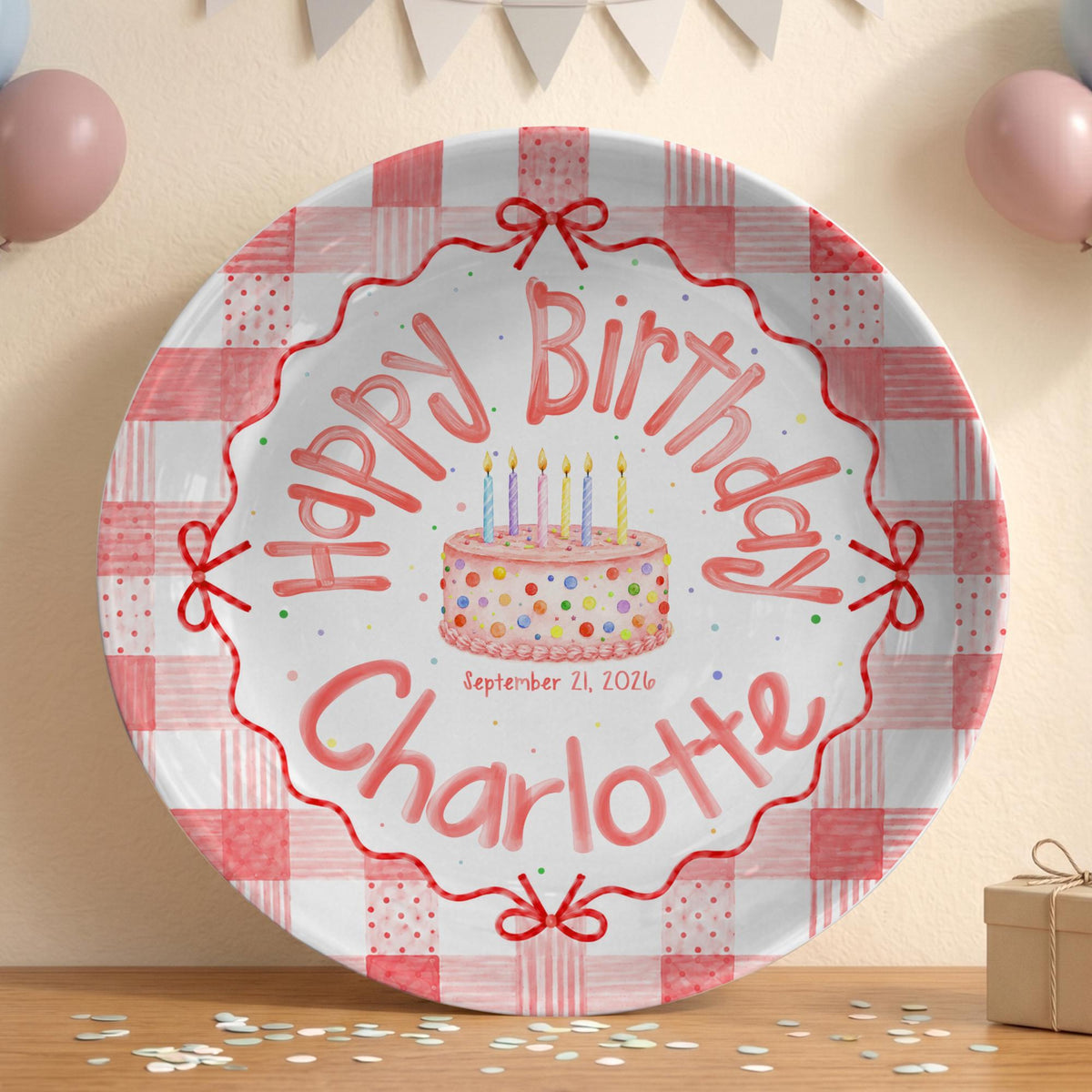 Personalized Pink Gingham Birthday Plate, Custom Name Date Girl Birthday Keepsake, Pink Bow Ceramic Party Decor d9f441fc-61ea-414d-aacc-a8fb029fc2de-7.jpg