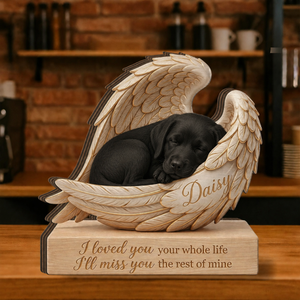 Personalized Wood Black Labrador Retriever Memorial Block: Custom Angel Wing Dog Portrait Stand, Pet Sympathy Gift