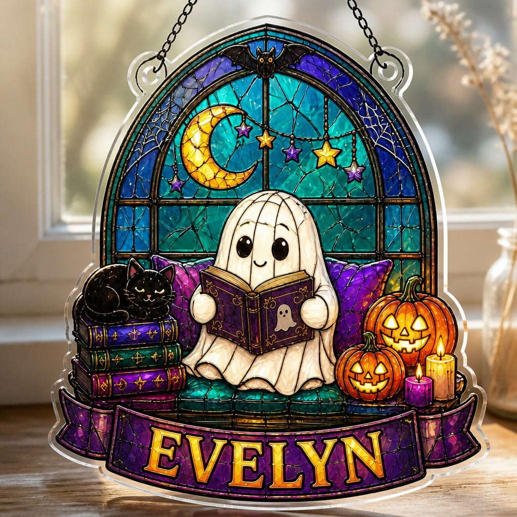 Personalized Cozy Ghost Reader Stained-Glass Suncatcher - Personalized Suncatcher Ornament da5afb4c-fe85-438f-8960-0b1867787a7d.jpg