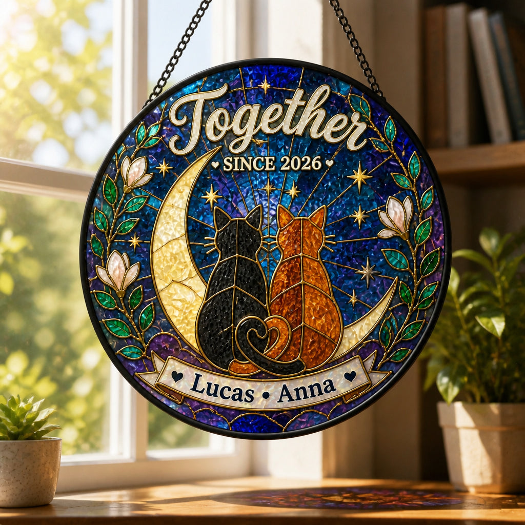 Together Since Cats Stained-Glass Suncatcher — Personalized Names & Year - Personalized Suncatcher Stained Glass da5fa379-0e3c-41af-bdc6-af39859840c9.jpg