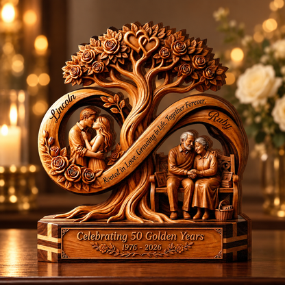 Personalized Infinity Tree Wooden Plaque, Custom 50th Wedding Anniversary Gift for Couples, 2D Printed Golden Anniversary Keepsake da667ebc-dffd-432d-b8ae-dd5561c254d5-Wooden-infinity-tree-plaque-in-a-warm-anniversary-setting.png