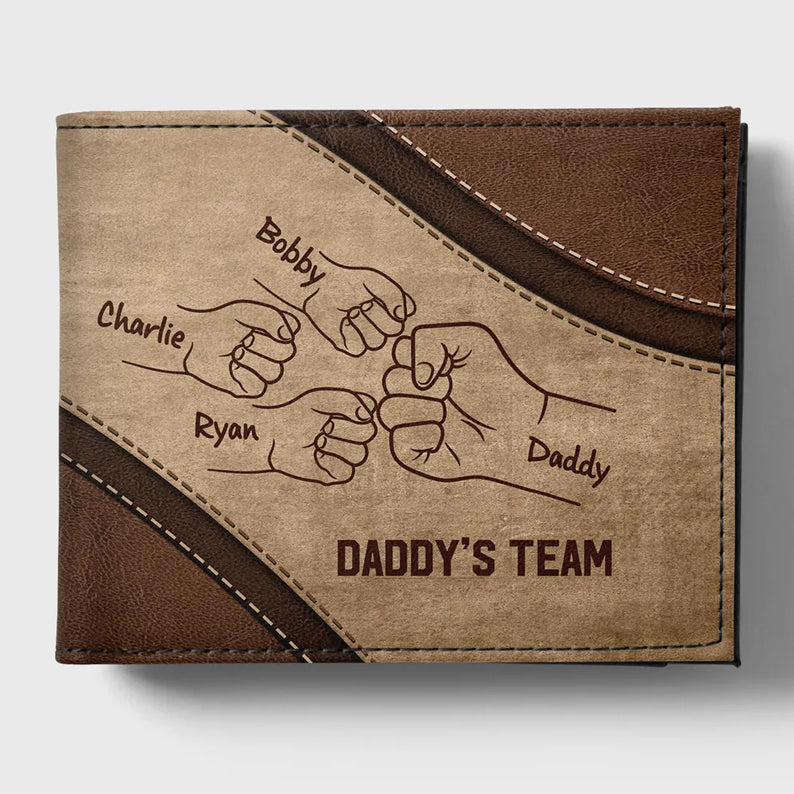 Daddy's Team Fist Bump Personalized Men s Wallet, Father's Day Gift, Birthday Gift For Husband, Dad, Grandpa