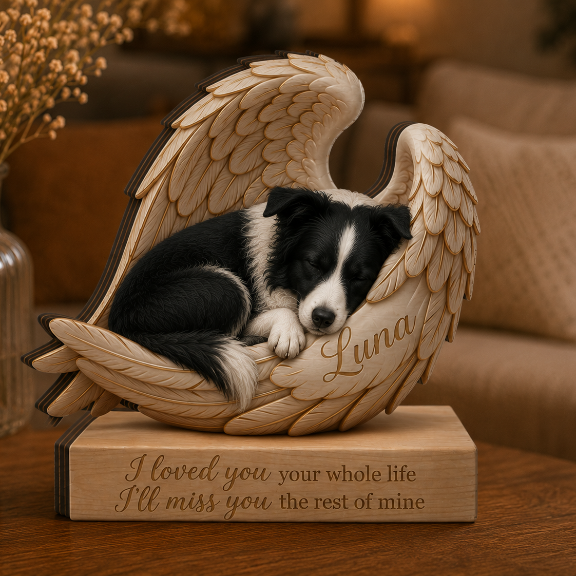 Personalized Wood Border Collie Memorial Block: Custom Angel Wing Dog Portrait Stand, Pet Sympathy Gift