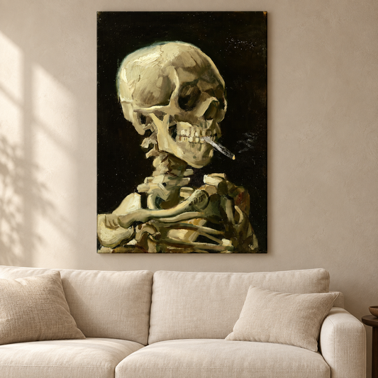 Smoking Canvas Gift, Van Gogh Wall Hanging, Large Canvas, Famous Canvas Print, Skeleton Smoking Canvas, Halloween Gift dba08248-4c36-4c34-ad36-dee5f9268a69-Tranh-b-x-ng-v-ng-xanh-tr-n-sofa.png