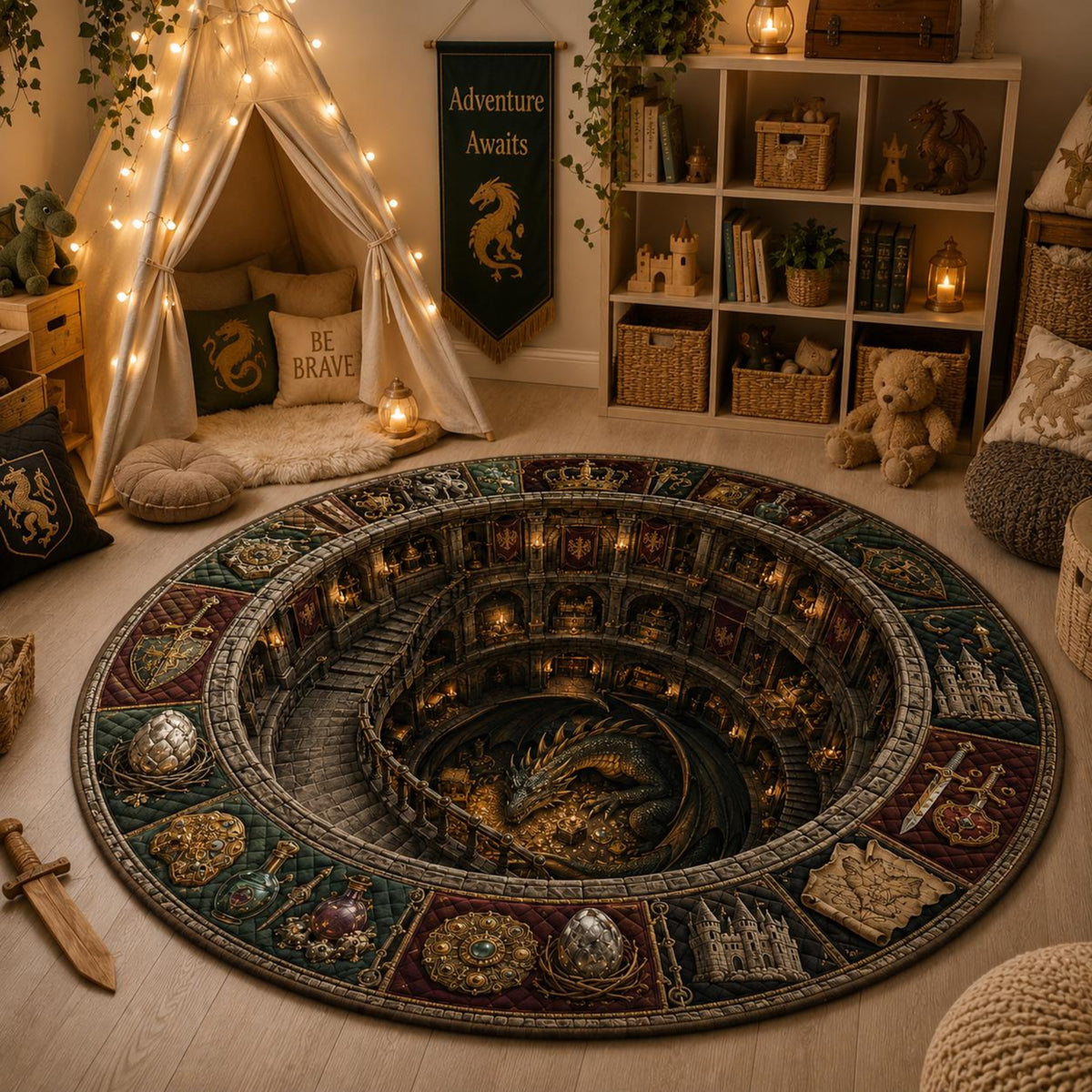 Dragon Fantasy Round Rug, 3D Illusion Medieval Castle Floor Mat, Dragon Lair Dungeon Rug, Gothic RPG Home Decor dba53a2f-057e-438d-8778-216564354ea1-5.jpg