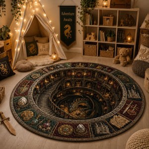 Dragon Fantasy Round Rug, 3D Illusion Medieval Castle Floor Mat, Dragon Lair Dungeon Rug, Gothic RPG Home Decor dba53a2f-057e-438d-8778-216564354ea1-5.jpg