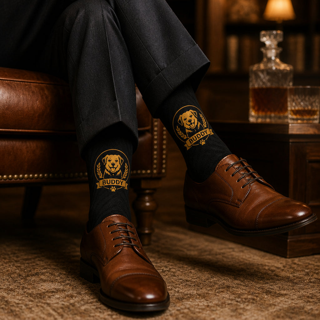 Personalized Dog Name Dress Socks – Gold Crest - Personalized Socks - All over printed dbcbfa25-eccf-4f3f-bdbd-dae48f321a0f.jpg
