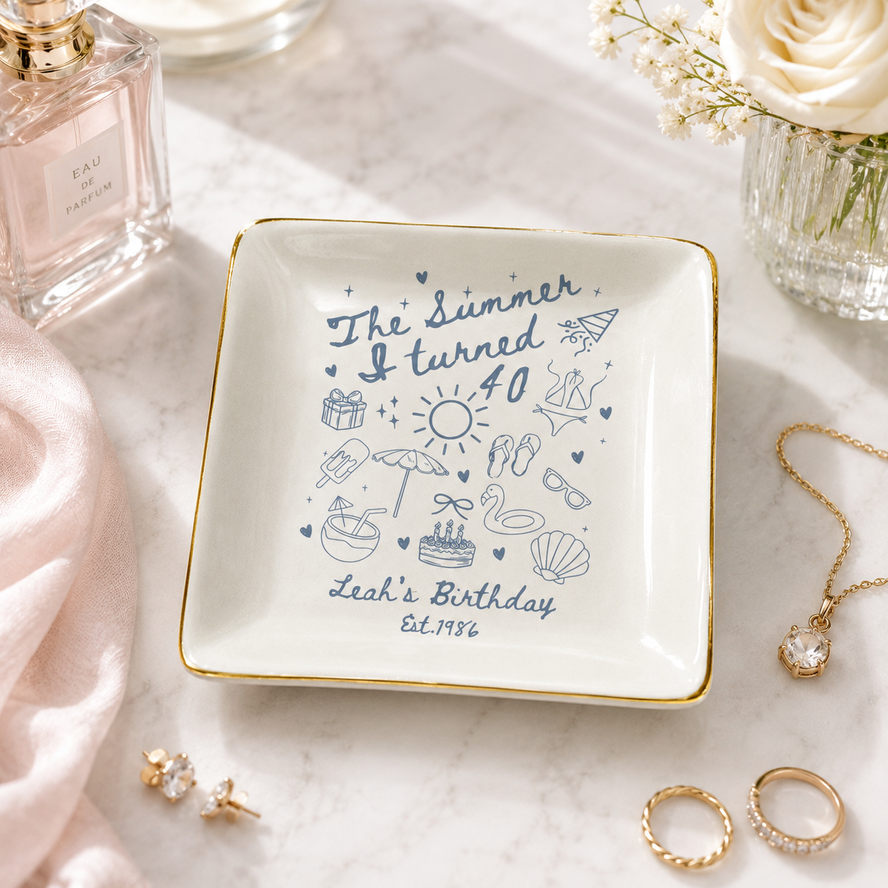 Personalized 40th Birthday Ring Dish, Summer Theme Jewelry Tray dbfe532e-8c72-4222-83f2-de7baae00fd2-banner-1.png
