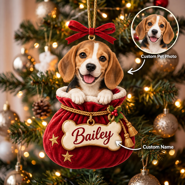 Personalized Dog Christmas Ornament – Custom Pet Photo & Name, 3D Relief Santa Sack Ornament, Christmas Gift for Dog Lovers dc15444b-241b-4f98-a621-0dac503bb192-Bailey-the-Beagle-in-Santa-s-Sack.png