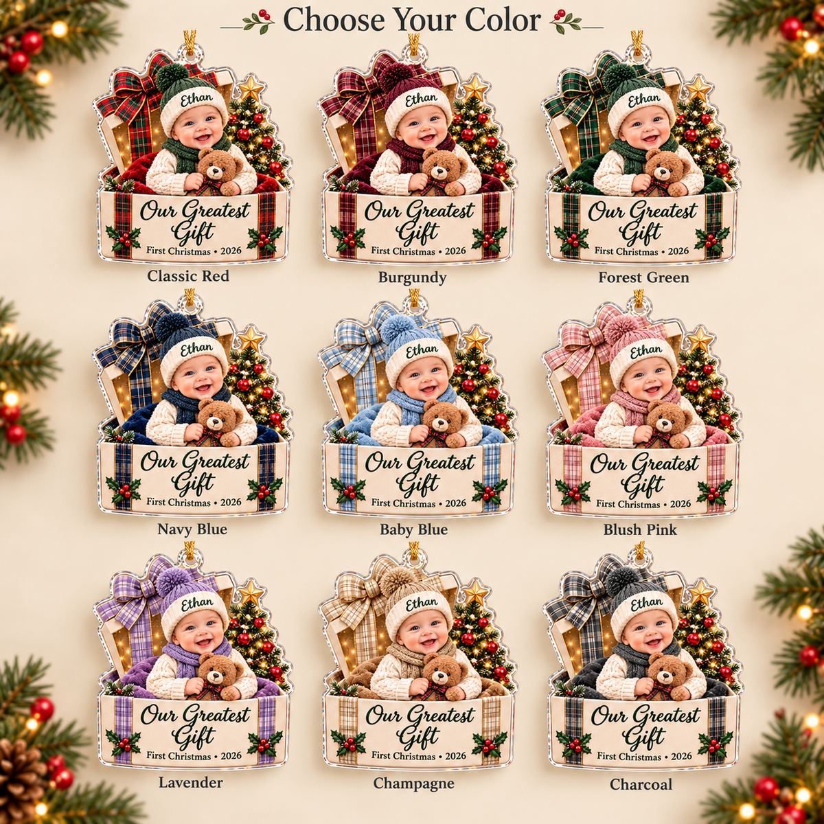 Personalized Baby’s First Christmas Ornament 2026 – Custom Name Acrylic Keepsake, Our Greatest Gift, Christmas Gift for New Parents dc7776d1-b167-4855-9987-b091becf3e11-Ethan-s-nine-color-Christmas-ornament-set-4.png