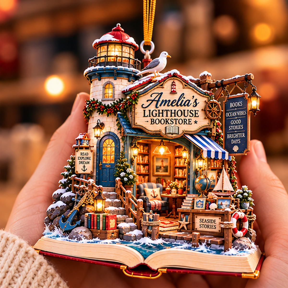 Personalized Lighthouse Bookstore Christmas Ornament – Custom Name 2D Flat Acrylic Ornament, Coastal Book Lover & Beach Reading Gift dc7b0dc0-14d5-4004-bb26-9ff55c9f08ae-amelia_lighthouse_04_held_in_hand_1200.png