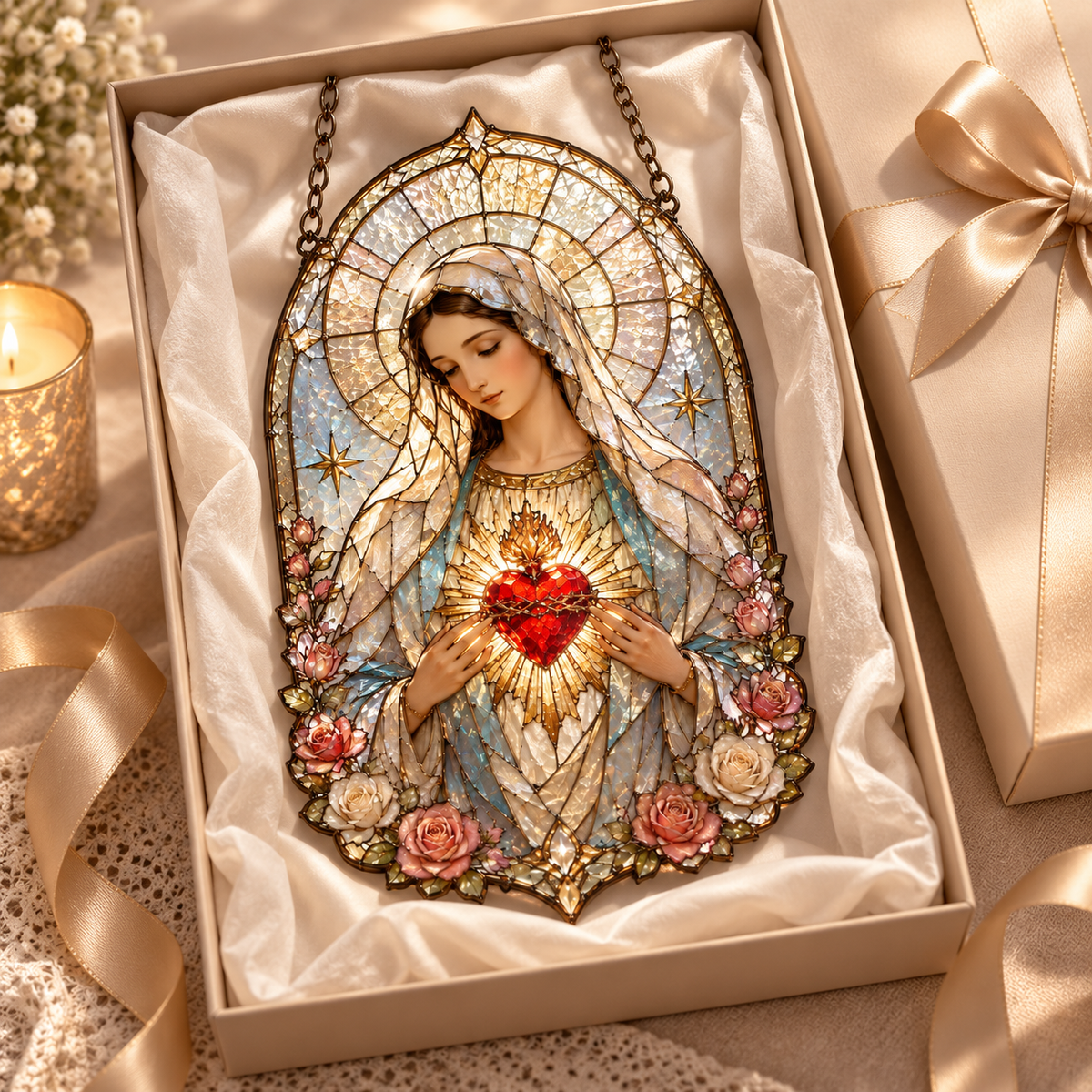 Sacred Heart Mary window hanging, floral religious suncatcher with lilies, roses and golden halo dc7d59a4-cc7c-4788-b532-71cff57e7b37-ea95a4b7-1ced-4b9f-babd-add32b9b05b2.png