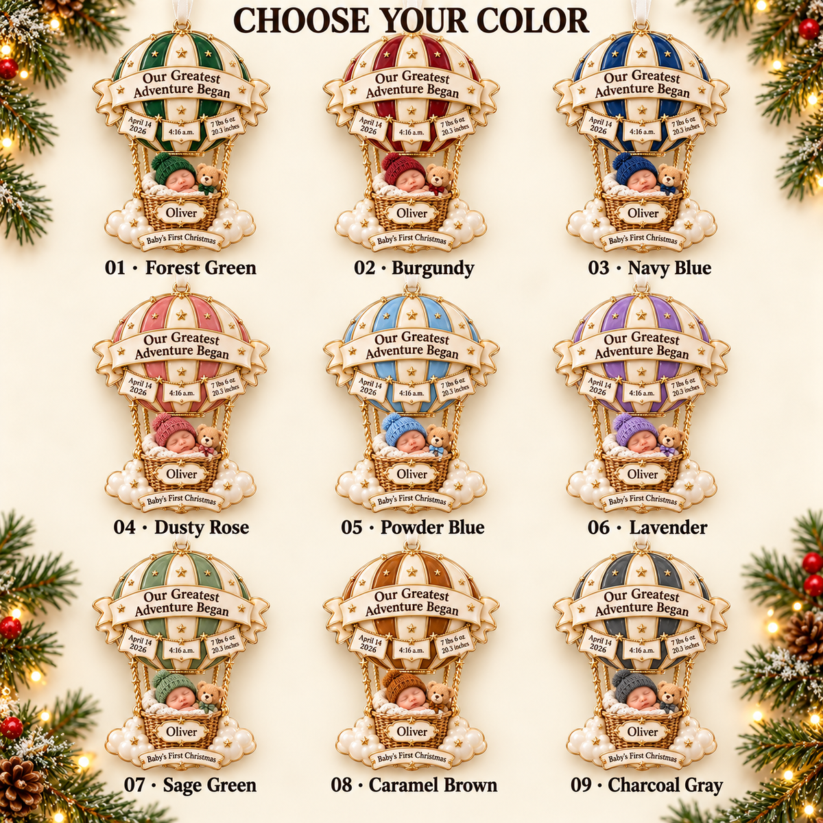 Personalized Baby’s First Christmas Ornament 2026 – Hot Air Balloon with Custom Name & Birth Stats, New Baby Keepsake Gift for Parents dc932eee-a889-4990-9021-d5d2600dff07-Hot-Air-Balloon-Ornament-Color-Chart-1.png
