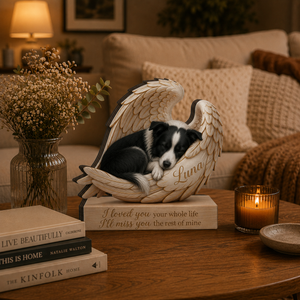 Personalized Wood Border Collie Memorial Block: Custom Angel Wing Dog Portrait Stand, Pet Sympathy Gift